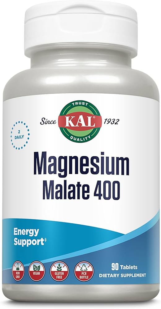 KAL Magnesium Malate 400 supplement bottle, white with blue accents, 90 tablets.