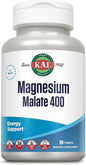 KAL Magnesium Malate 400 supplement bottle, white with blue accents, 90 tablets.