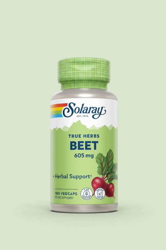 Green bottle with a checkered cap, labeled "Solaray True Herbs Beet 605 mg" on a light green background.