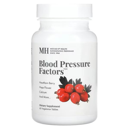 White bottle with "Blood Pressure Factors" text and red berries image on the label.