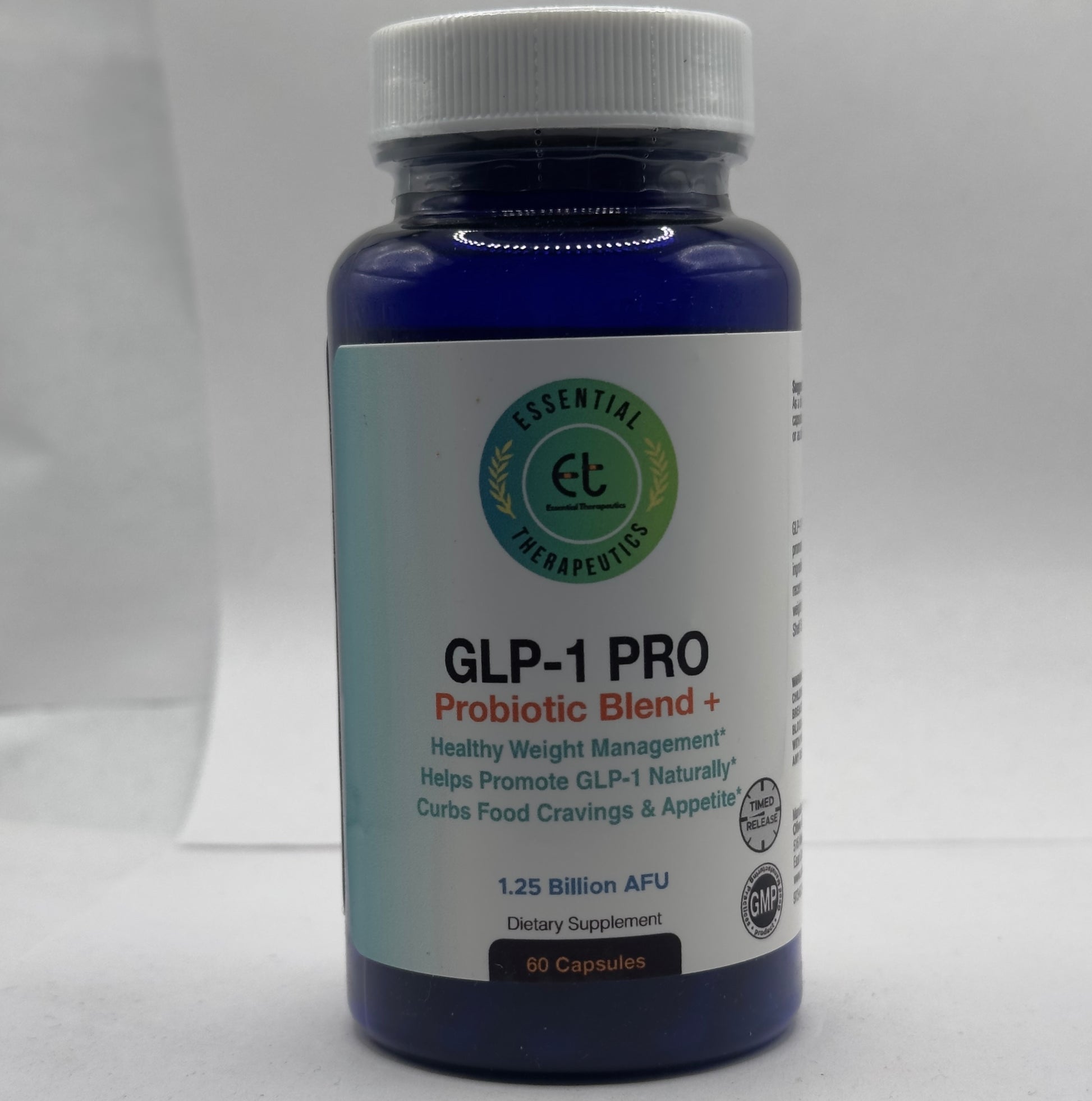 Blue bottle with white label, "GLP-1 PRO" text, and green logo. Contains 60 capsules.