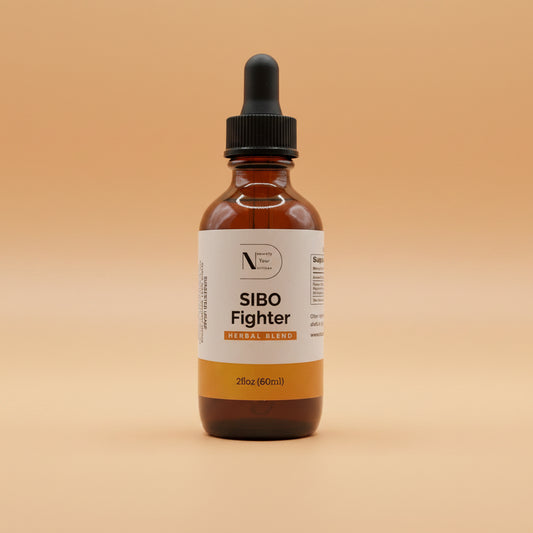 Brown dropper bottle labeled "SIBO Fighter" against a peach background.
