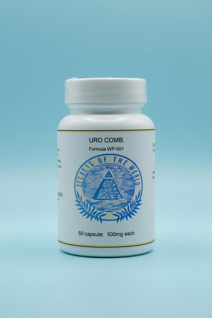 A white plastic bottle of URO COMB. Formula WP-501 dietary supplement capsules, featuring a blue circular emblem on the label, set against a neutral gray background.