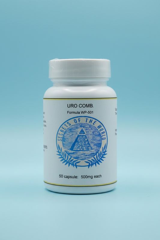 A white plastic bottle of URO COMB. Formula WP-501 dietary supplement capsules, featuring a blue circular emblem on the label, set against a neutral gray background.