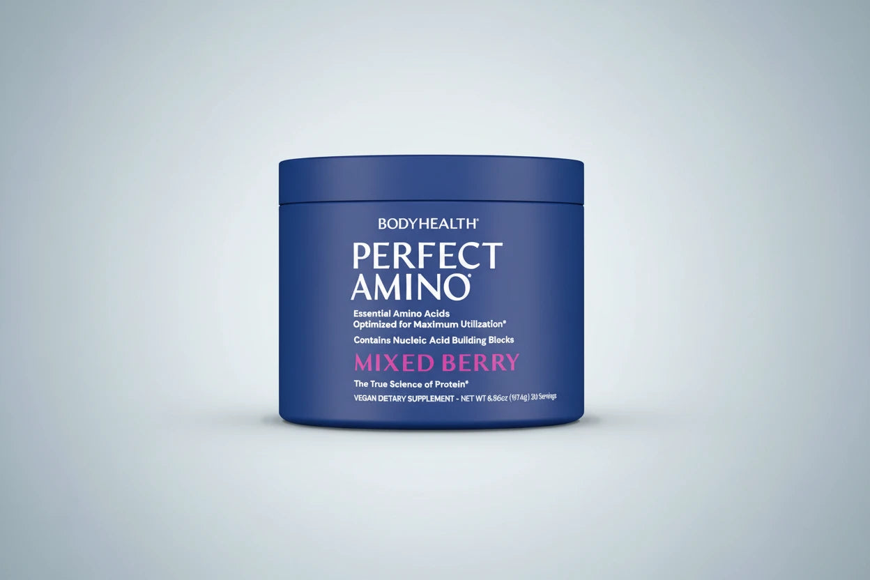 Blue container labeled "Perfect Amino Mixed Berry" with white and pink text on a light background.