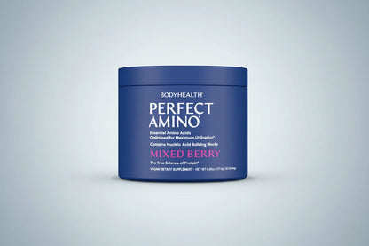 Blue container labeled "Perfect Amino Mixed Berry" with white and pink text on a light background.